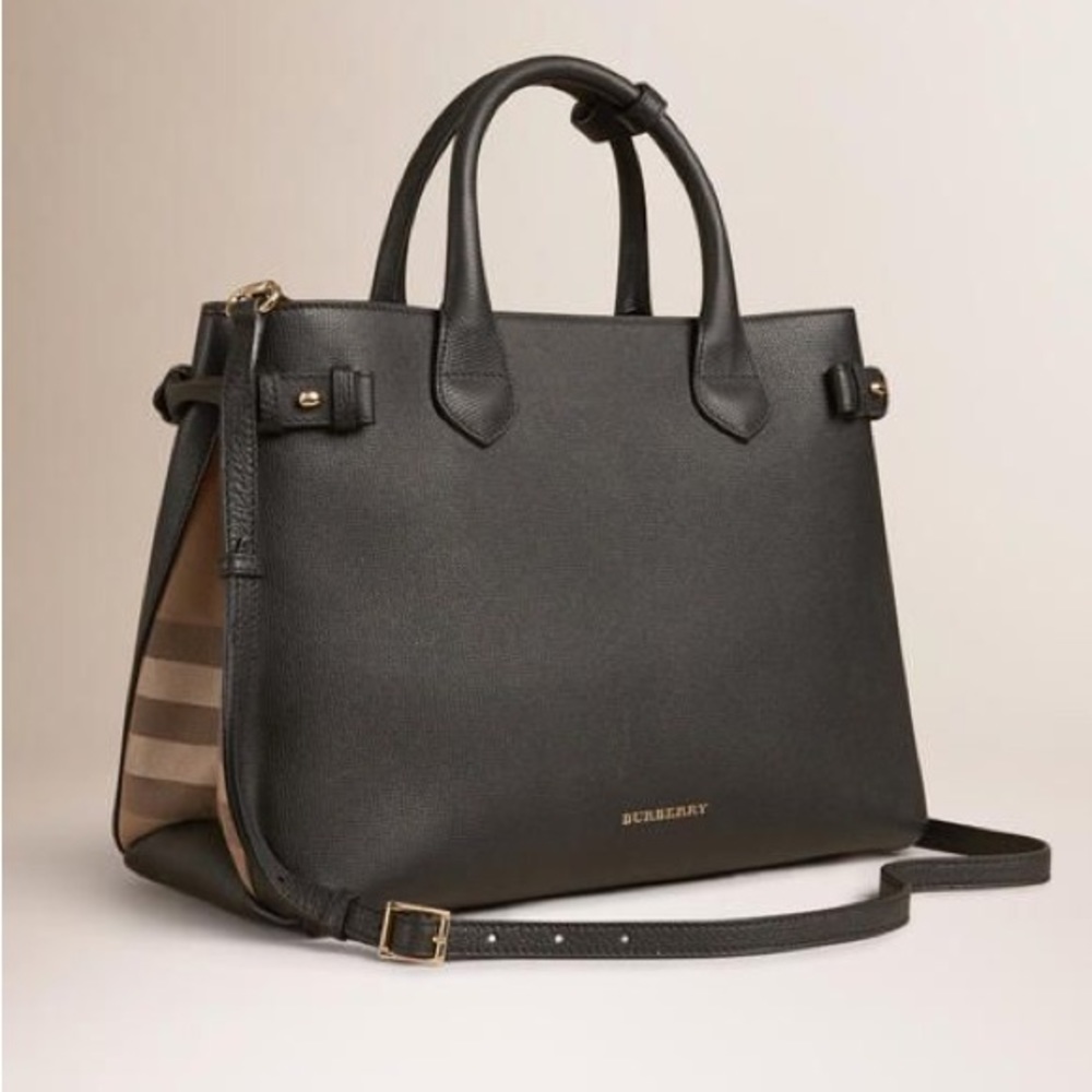 Burberry Black Leather House Check Banner Large Tote Bag Purse